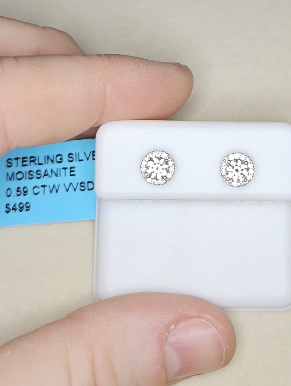 925 Sterling Silver Moissanite Halo Round Stud Earrings - Picture 2 of 10